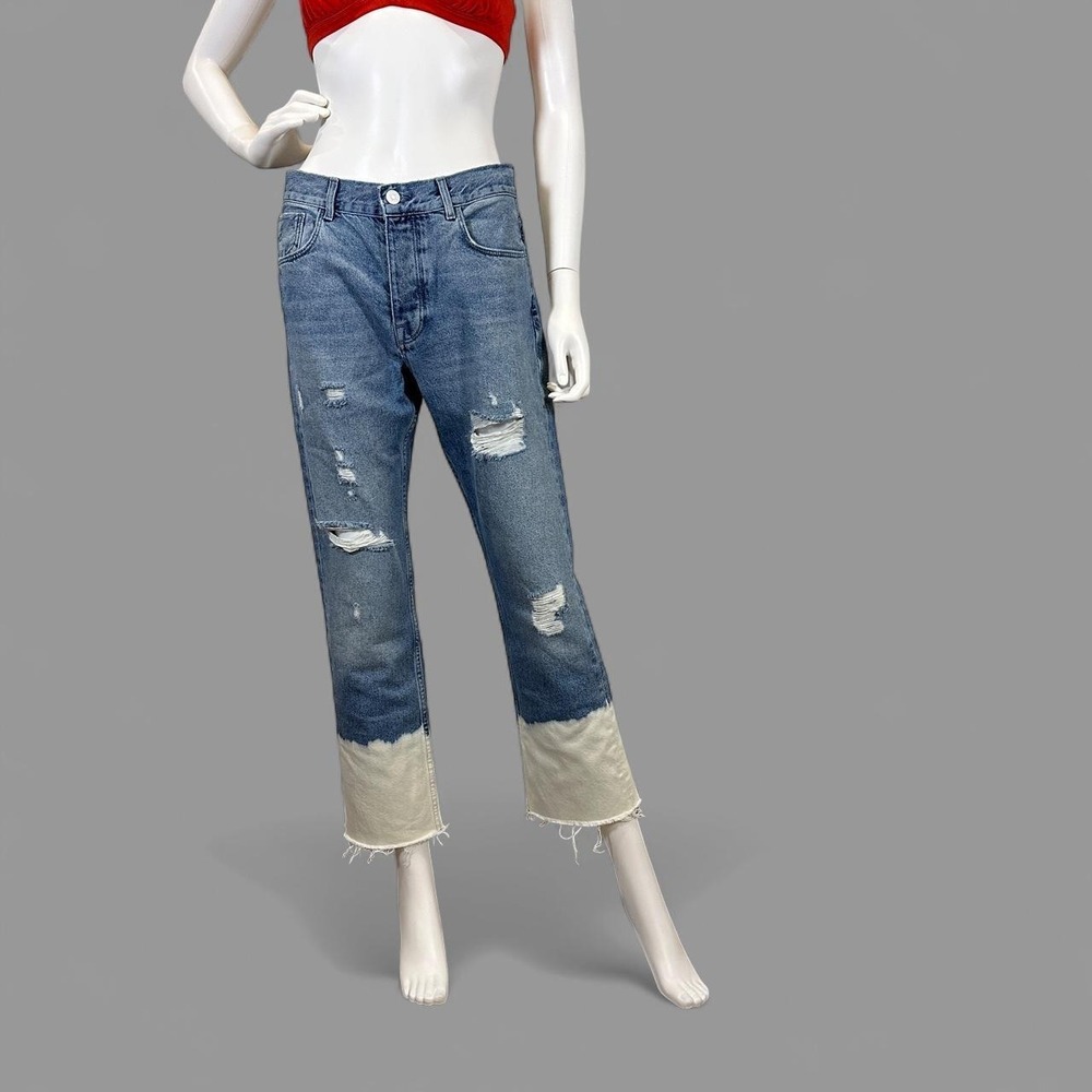 Zara Basic Z1975 Distressed Dip Dye Straight Jeans Size 4 Blue White Raw3